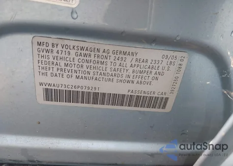 2006 Volkswagen Passat 3.6 from USA, damaged, VIN WVWAU73C26P079291